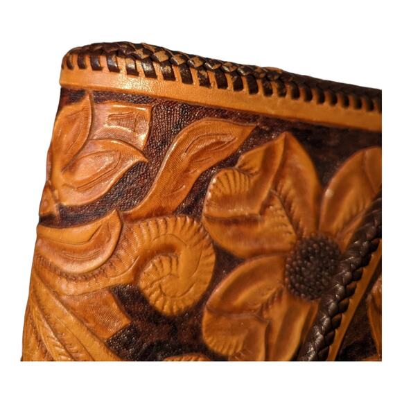 Vintage Hand Tooled Leather Hand Bag Floral Leaf Pattern - Picture 3 of 9